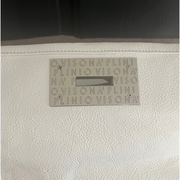 Plinio Visona Handbag. All White Italian Leather Bag with Brown Leather Trim. - Picture 6 of 13